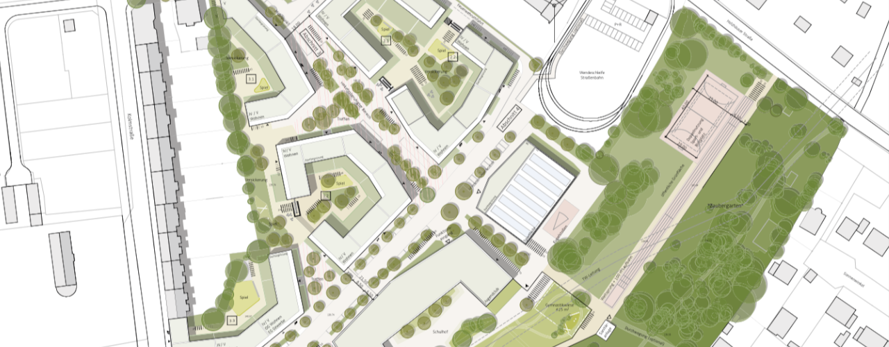 Grafik: Masterplan für das neue Stadtquartier in Leipzig Stötteritz aus der Vogelperspektive