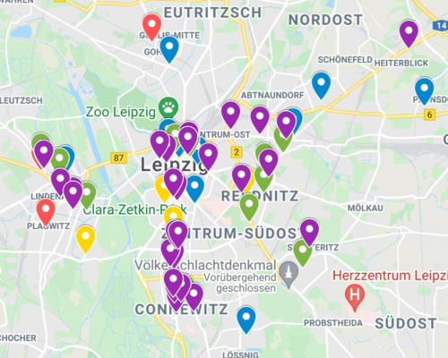 Karte mit Orten für mehr Nachhaltigkeit in Leipzig
