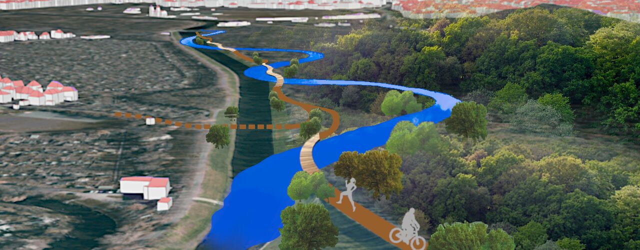 Die Visualisierung zeigt einen alternativen Flussverlauf ohne Deiche mit neuem Weg auf der östlichen Seite