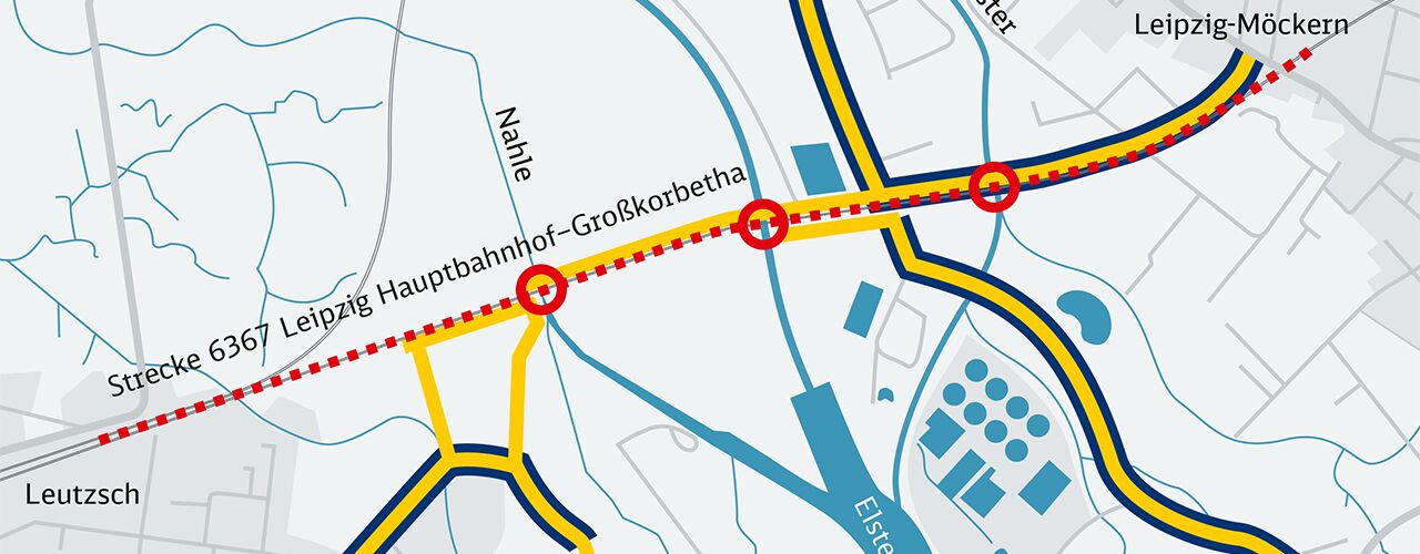Lage der Eisenbahnüberführungen in Leipzig (Quelle: DB Netz AG)