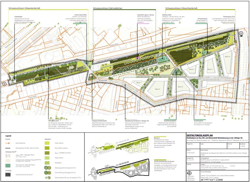 Gestaltungsplan für das Baugebiet der BUWOG und den geplanten Stadtteilpark am Bayerischen Bahnhof.