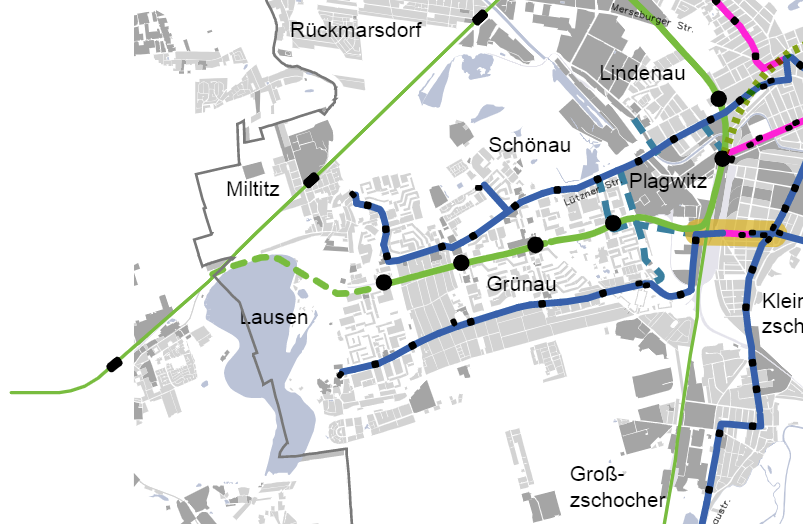 Nördlich des Kulkwitzer Sees ist perspektivisch die Verlängerung der S-Bahn von Plagwitz und Grünau nach Markranstädt vorgesehen. Karte: Auszug Nahverkehrsplan der Stadt Leipzig