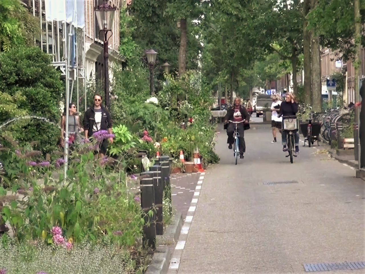 Das Viertel Frans Halsbuurt in Amsterdam wurde unter Beteiligung der Anwohner:innen in eine begrünte und parkfreie Nachbarschaft umgewandelt. Foto: ©Streetfilms