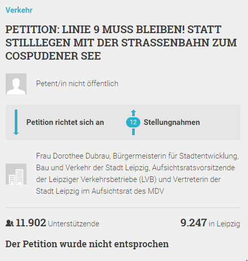 Petition: Linie 9 muss bleiben! Statt stilllegen mit der Straßenbahn zum Cospudener See