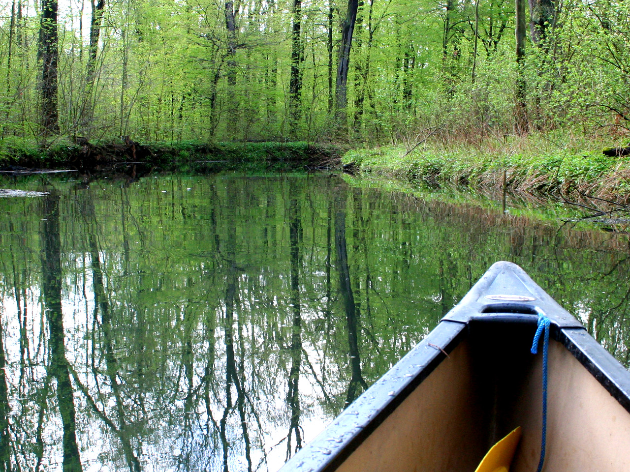 Der Blick über ein Kanu auf den friedlichen Floßgraben